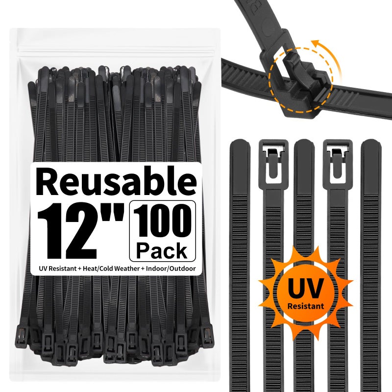 SOOOEC 100 Pack Reusable Zip Ties 12 inch Heavy Duty Outdoor UV Resistant, Releasable Black Zip Ties Indoor Round Ending No Hurt, Cable Ties Reusable Tie Wraps Non Slip Off - Image 1